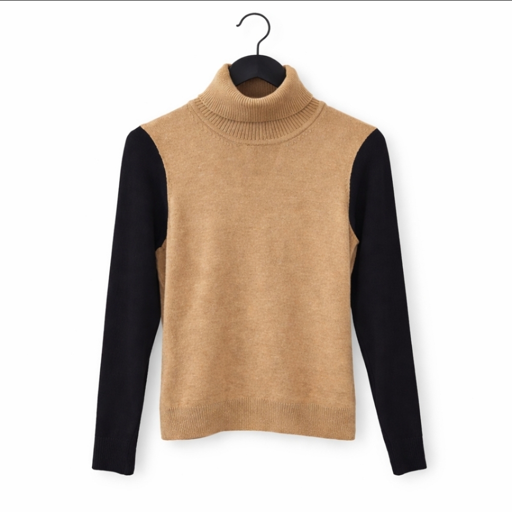French Connection Tan Black Colorblock Turtleneck Knit Cuffs And Hemline Sz XL